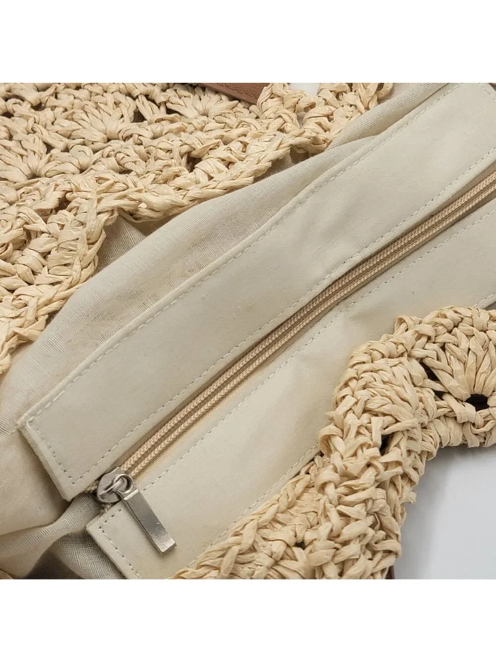 Boho Woven Straw Tote Bag With Faux Leather Straps And Zippered - Picture 7 of 13
